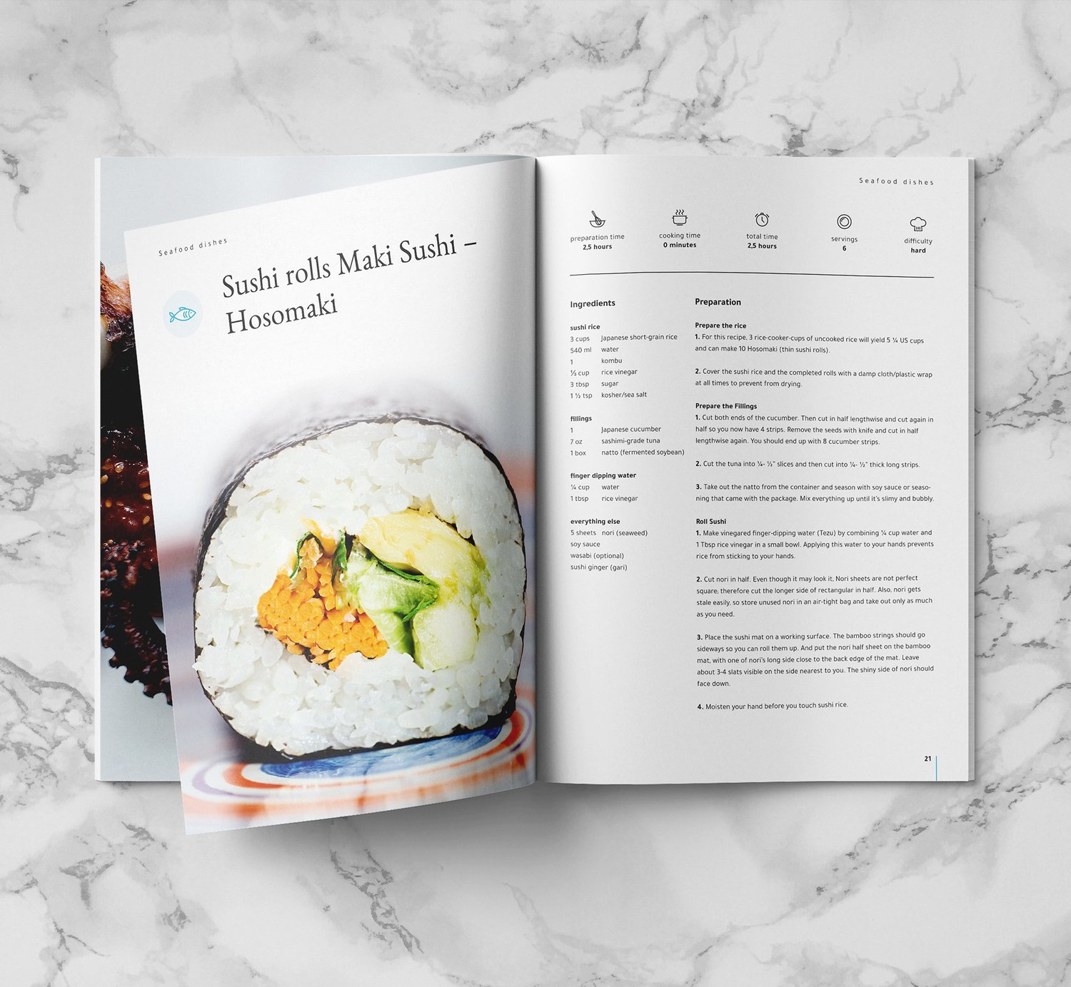 mockup of a spread on marble background showing a sushi recipe