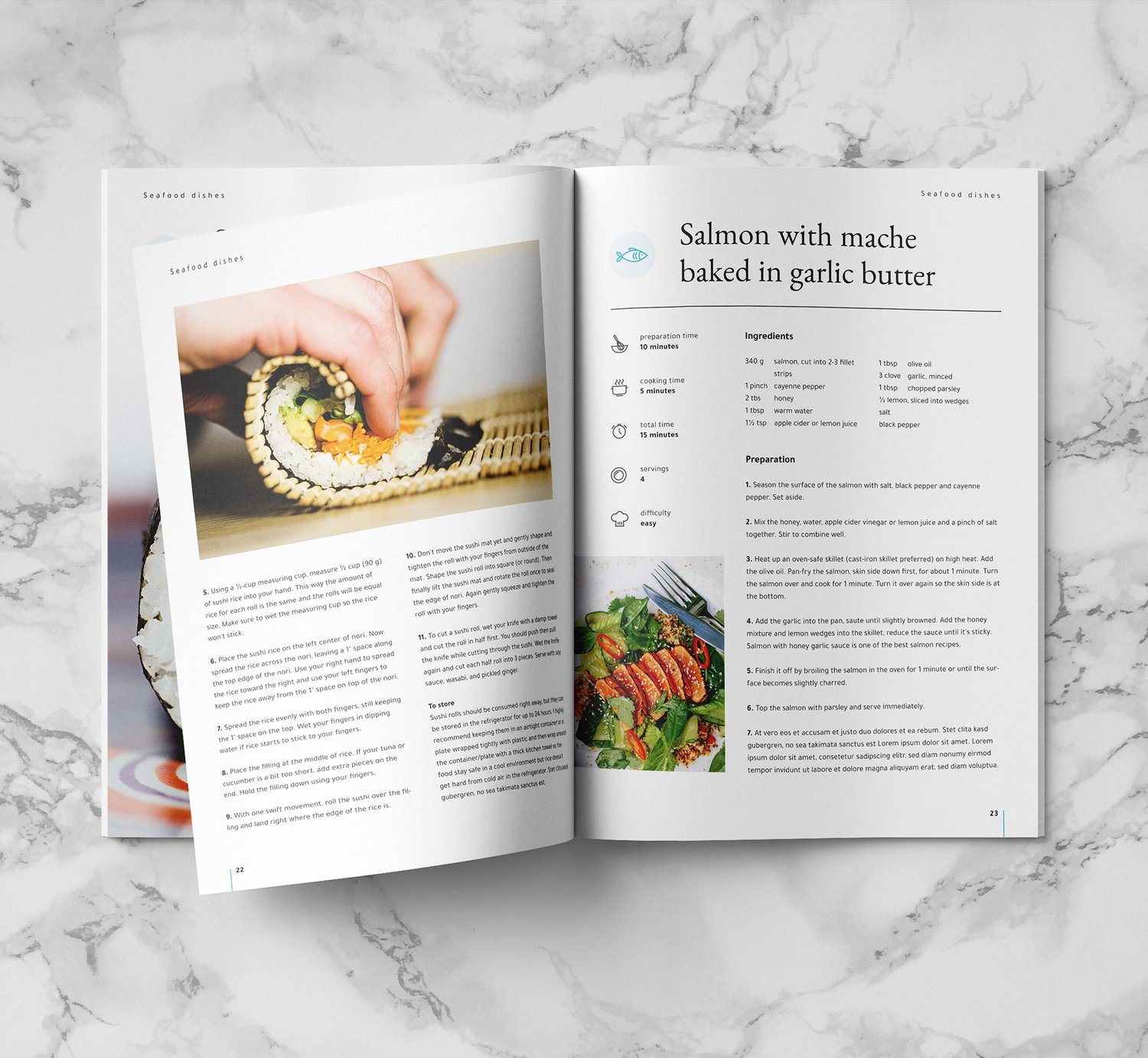 mockup of a spread on marble background showing a sushi recipe, page two