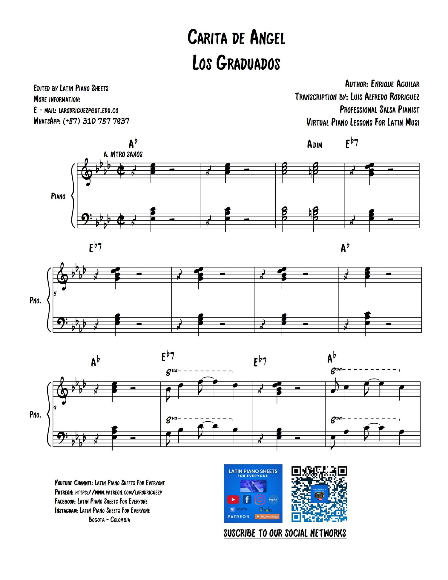 Carita de ngel Gustavo Quintero y Los Graduados Cumbia Sheet Music Midi Backing Track