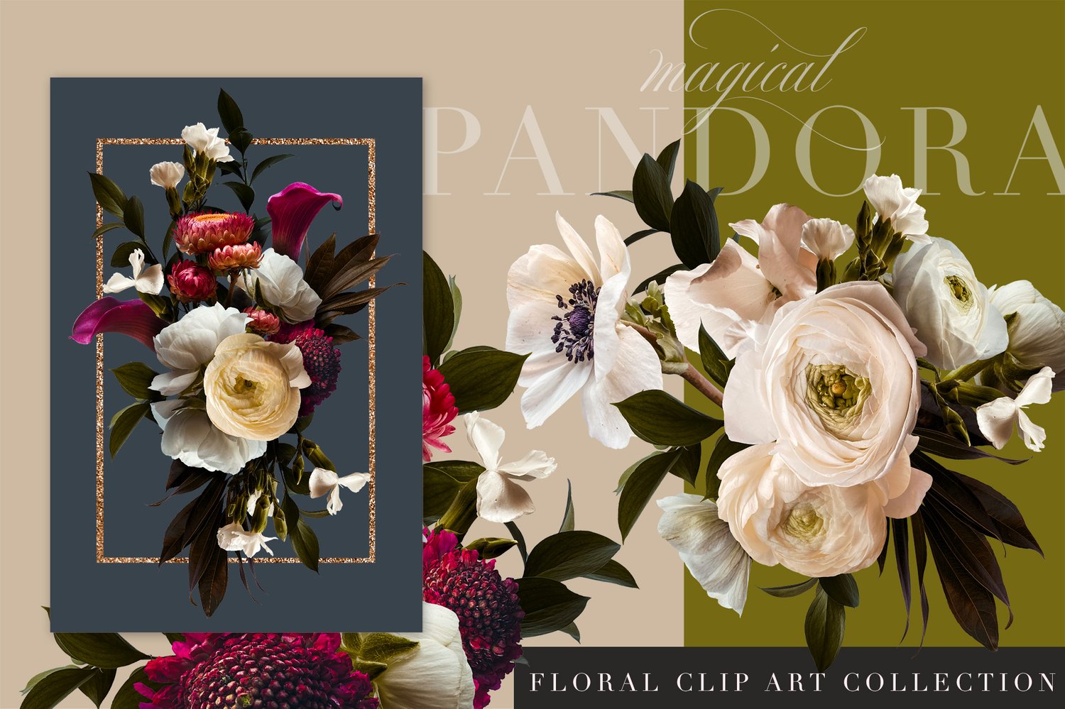 realistic floral graphics in coral, burgundy, white, lavender, and cream. Patterns, bouquets, backgrounds, wreaths, frames