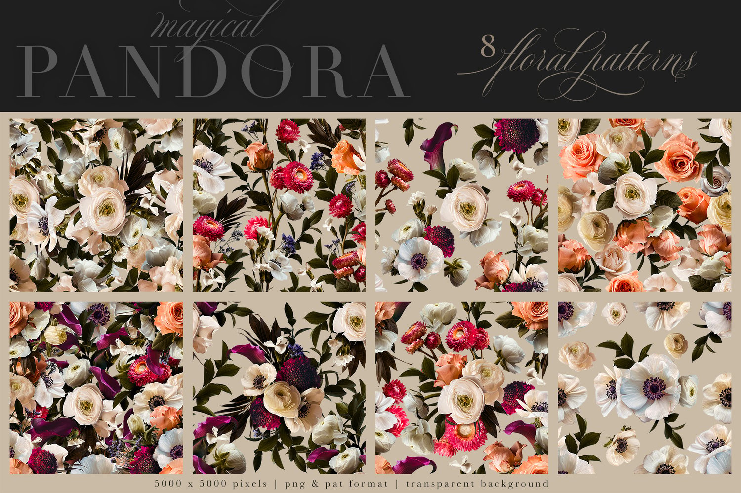 realistic floral graphics in coral, burgundy, white, lavender, and cream. Patterns, bouquets, backgrounds, wreaths, frames