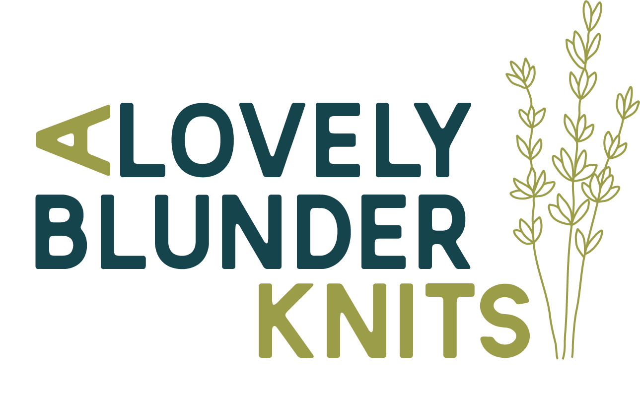 Text: A Lovely Blunder Knits - The "A" and "Knits" are in olive green, and "Lovely Blunder" is in a deep blue-green. Image: A tall line sketch of small wildflowers in the same olive green color found in the text.