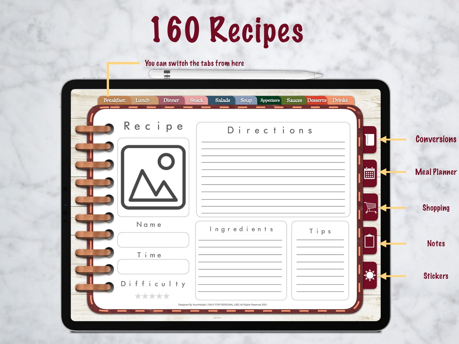 Digital Recipe Book for Goodnotes, Notability, Digital iPad Recipe Journal,  Digital Cookbook, Digital Meal Planner, Recipe Book Template 