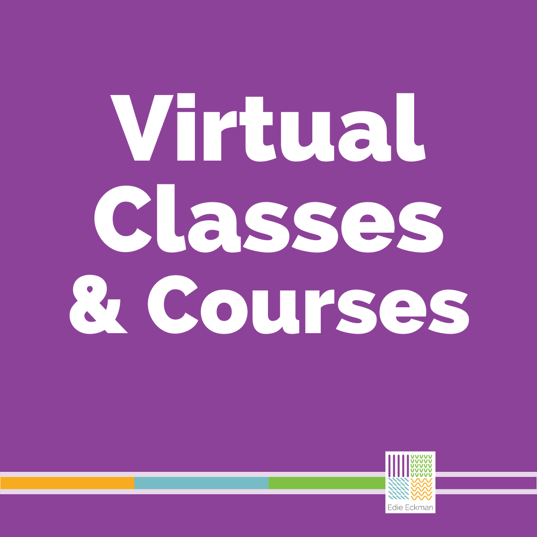 Purple square with text Virtual Classes and Courses, Edie Eckman logo