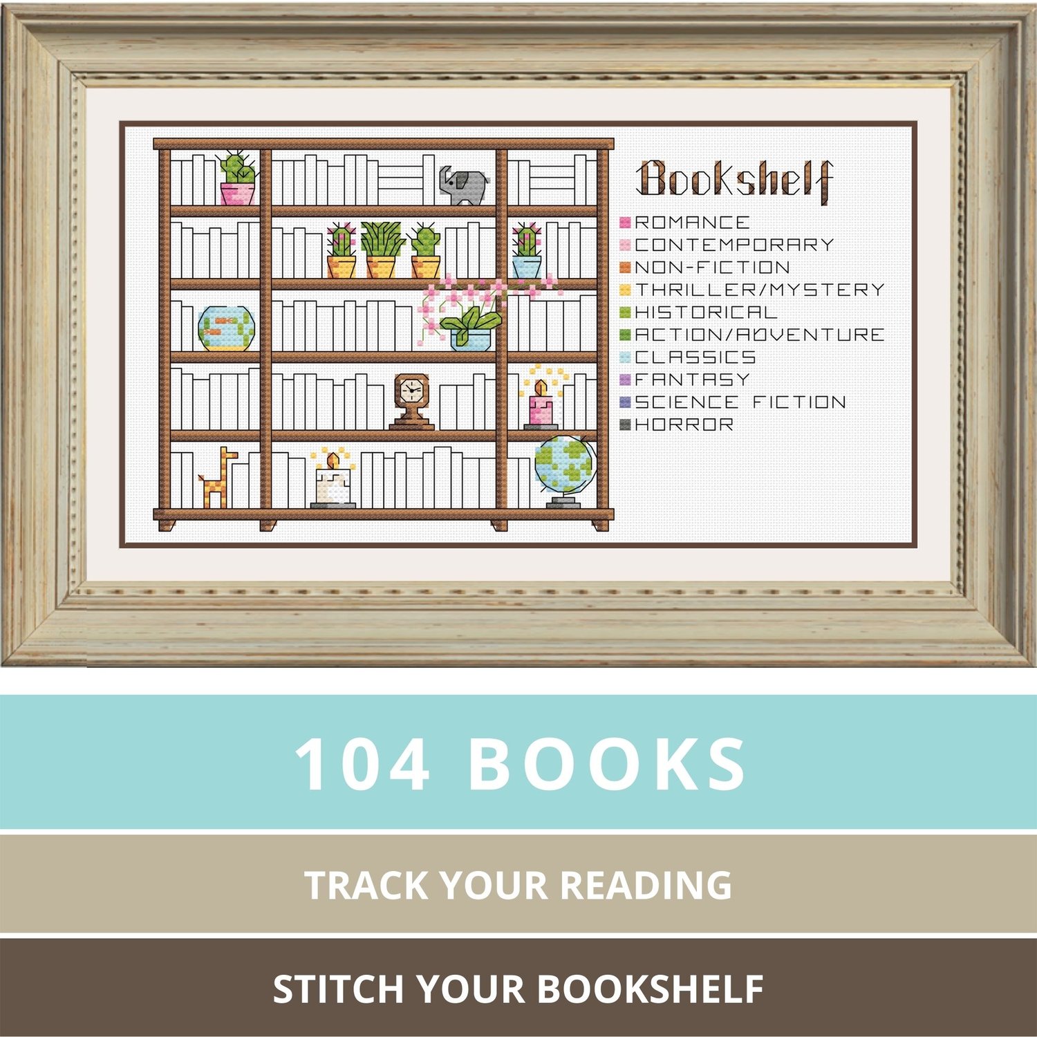 WIP] This is my cross stitch reading goal tracker! After I finish a book, I  fill in one of the books on my bookcase using a colour of thread that  signifies the