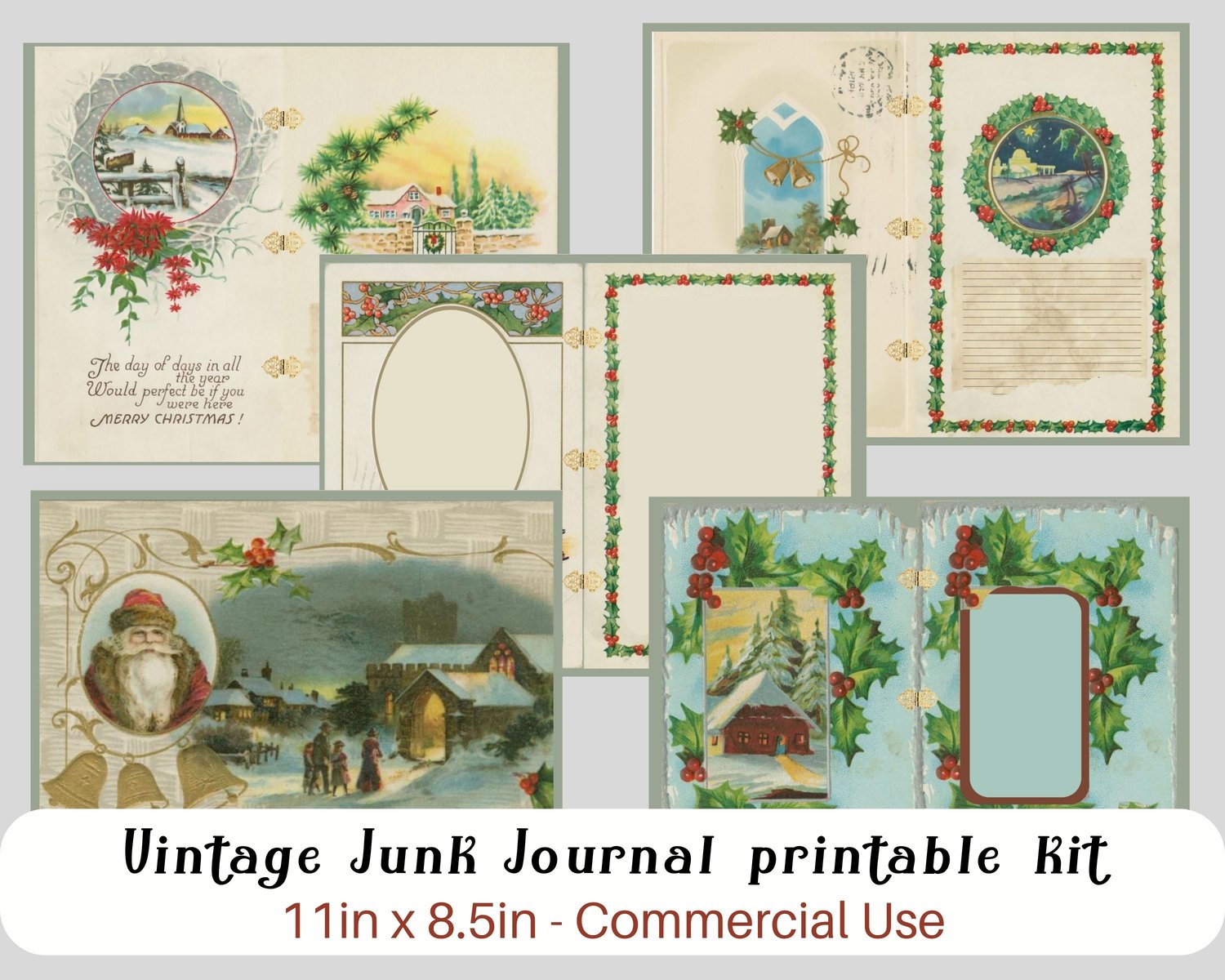 Printable Christmas Junk Journal Kit Winter Themed Journaling Supplies  Vintage Xmas Ephemera Tags Cards Pages Digital Scrapbook Papers 