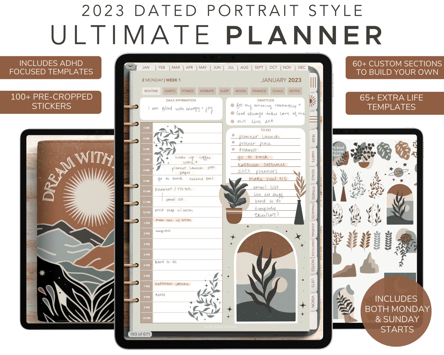 2023 - 2024 Dated Digital Planner, Portrait, Boho Minimal, GoodNotes Planner,  All-In-One Life Planner, Build Your Own, ADHD, iPad or Android