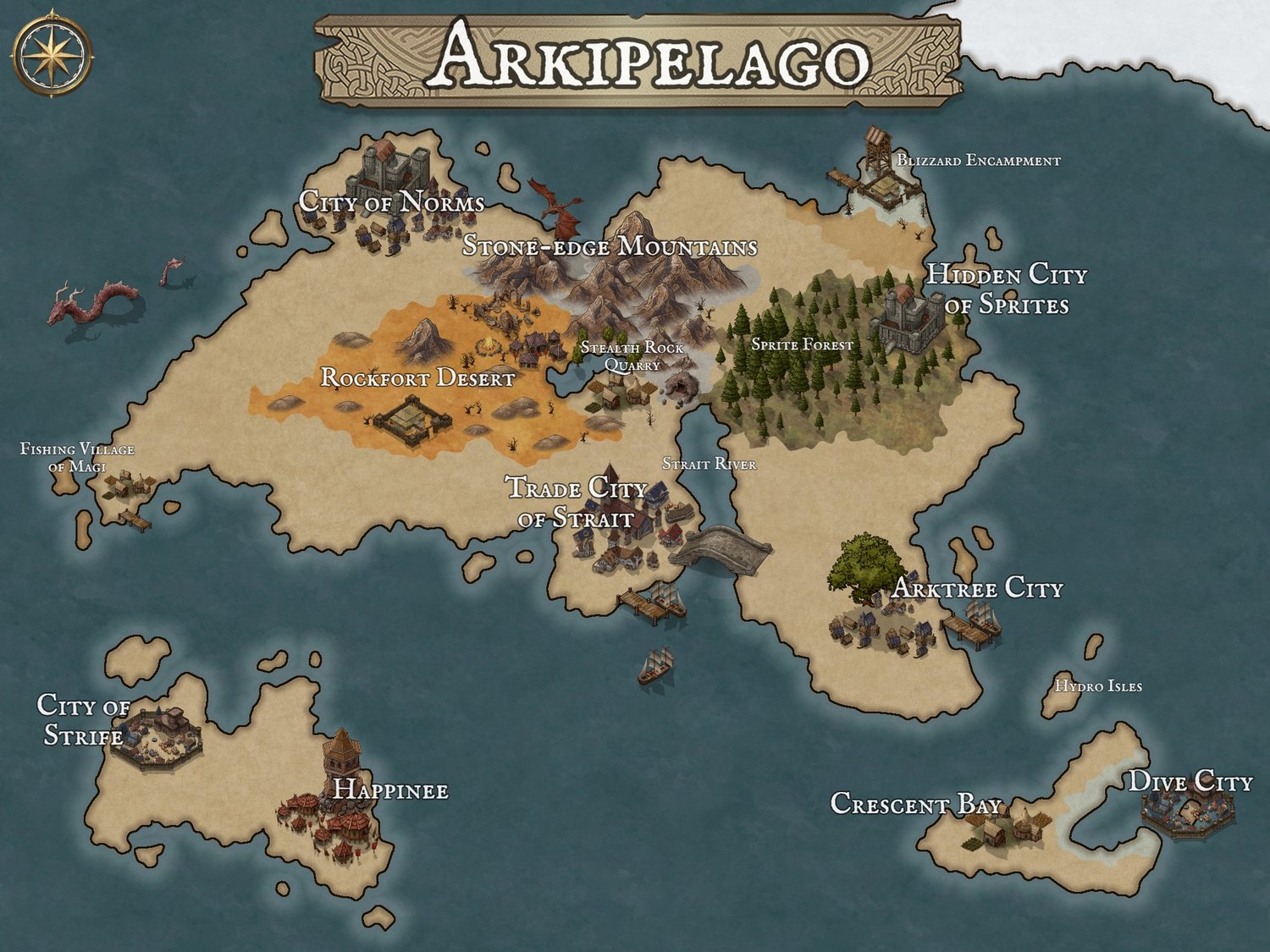 the map of a fictional world called Arkipelago, an island continent filled with fantasy creatures