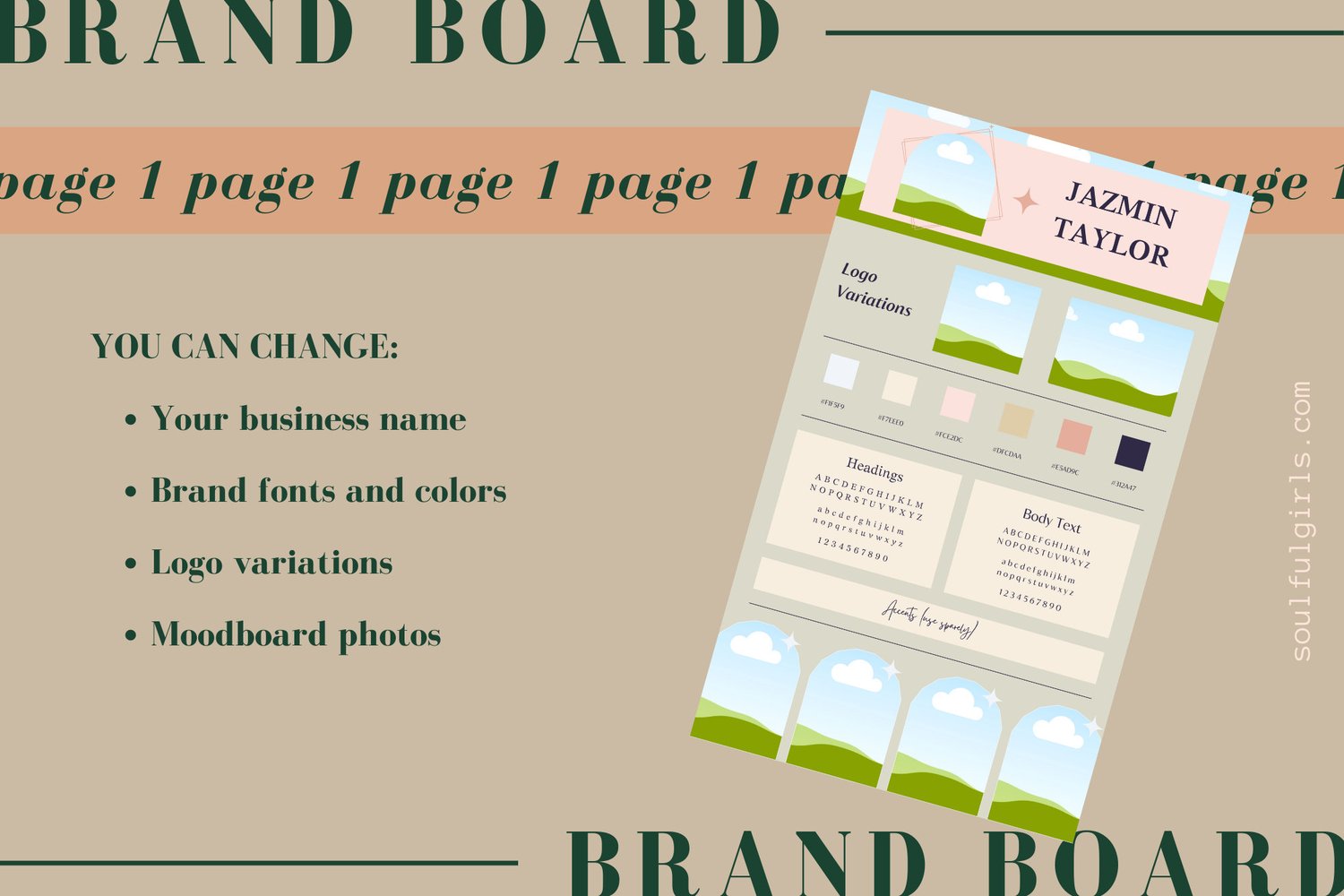 You can change your business name, brand fonts and colors, logo variations, and moodboard photos.