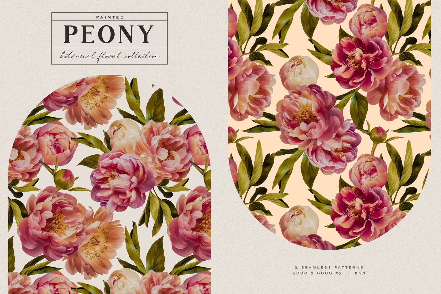 Hand painted pink peony flowers and leaf digital graphics