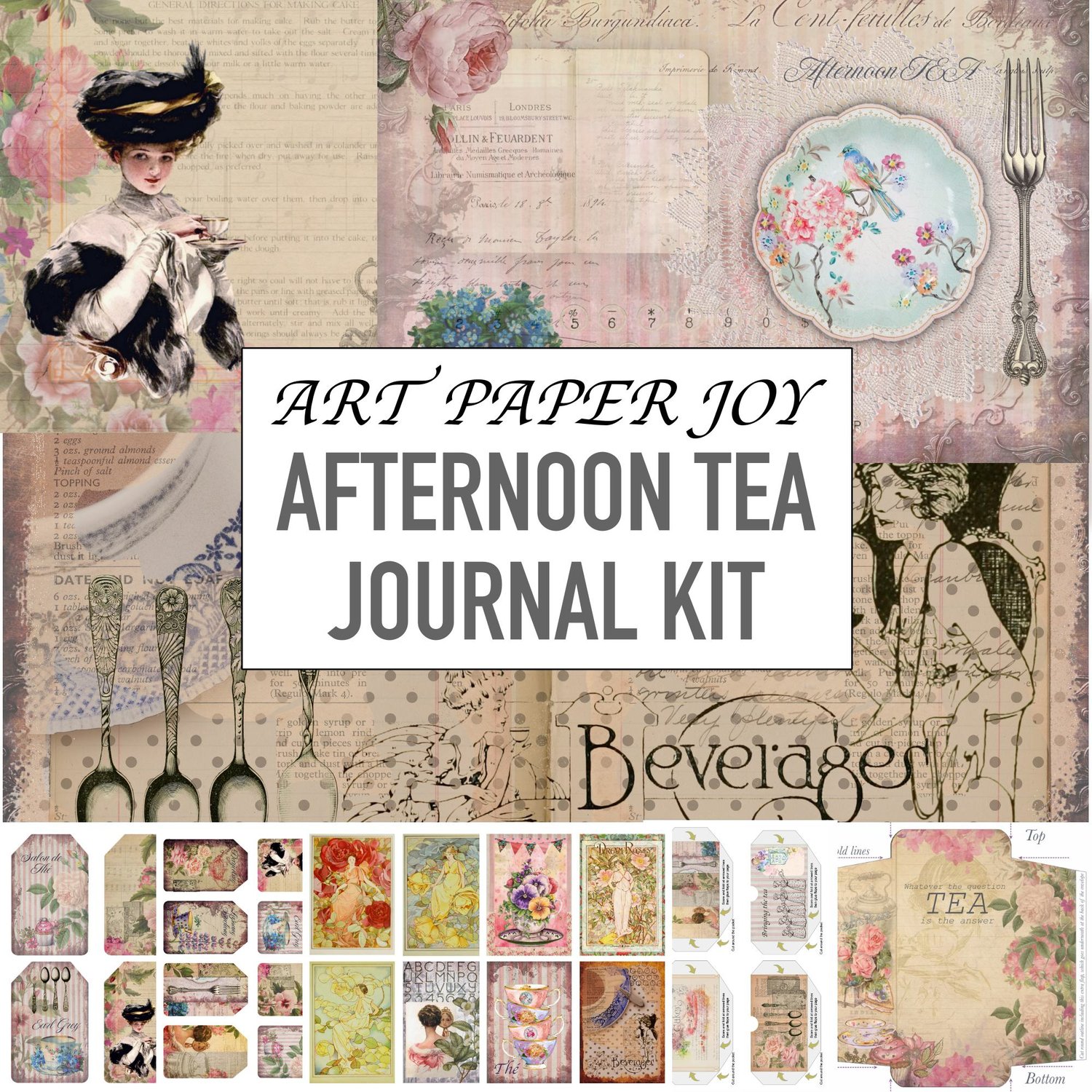 Tea Junk Journal Kit  Vintage Digital Collage Sheet