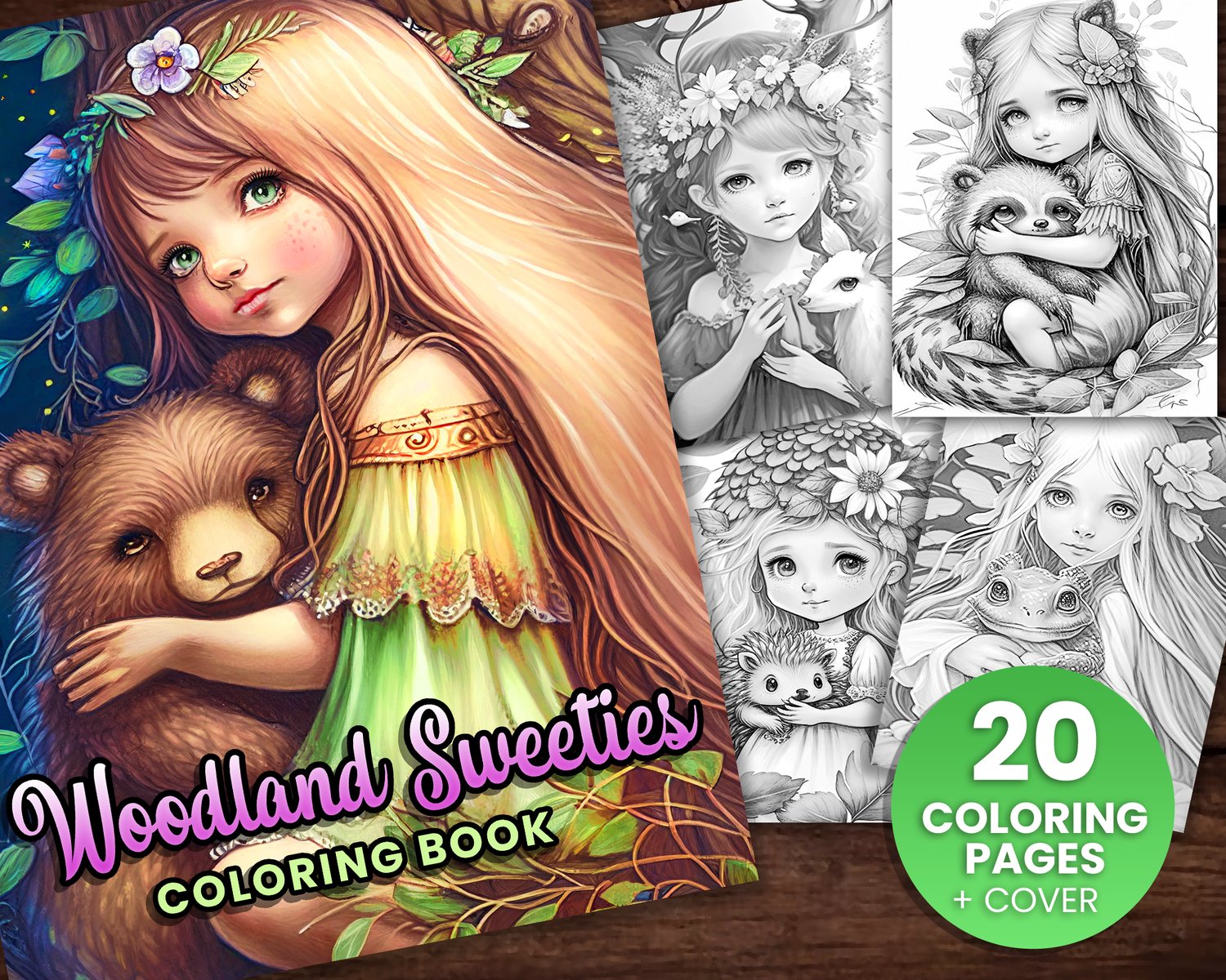 20 Woodland Sweeties Animals & Girls Fantasy Anime Coloring Page, Adults  kids- Download - Grayscale Coloring Page - Gift, Printable PDF - Payhip