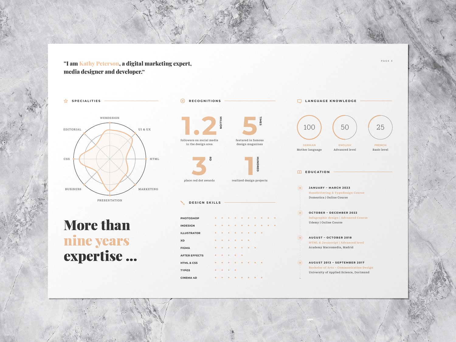 Mockup of the infographic curriculum vitae with skills, recognitions, education - page 1 in beige
