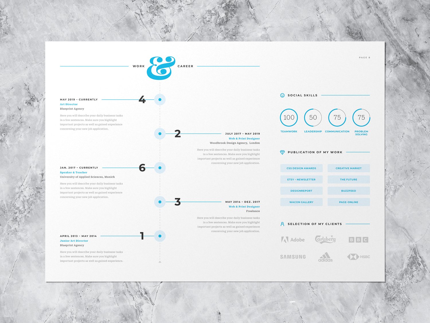 Mockup of the infographic resume with work & career, social skills, clients etc. - page 2 in blue