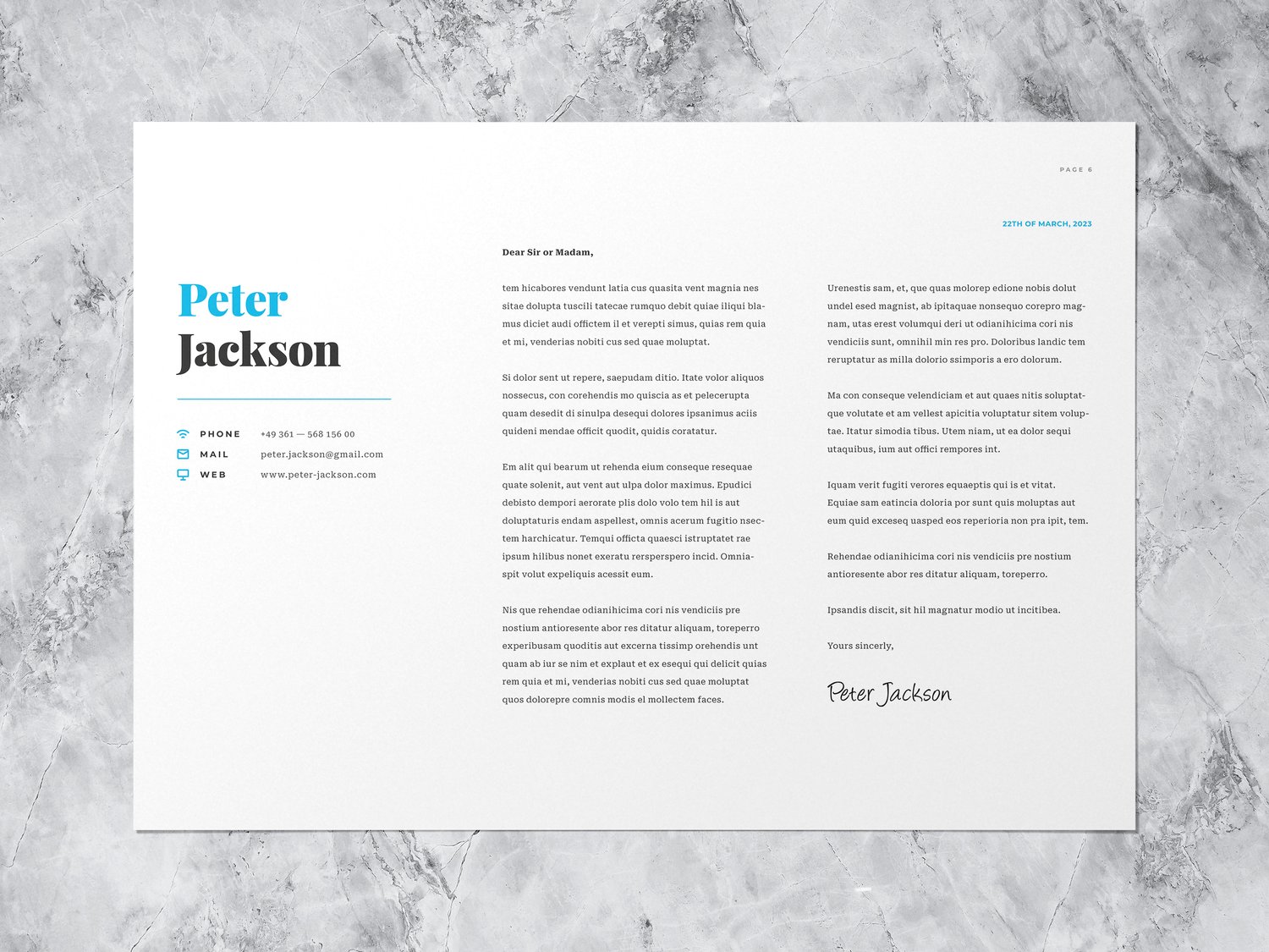 Cover letter of the application template with name, contact information and signature in light blue