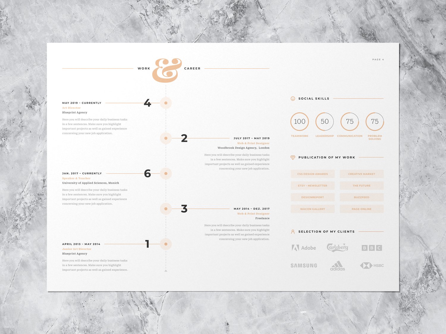 Mockup of the infographic resume with work & career, social skills, clients etc. - page 2 in beige