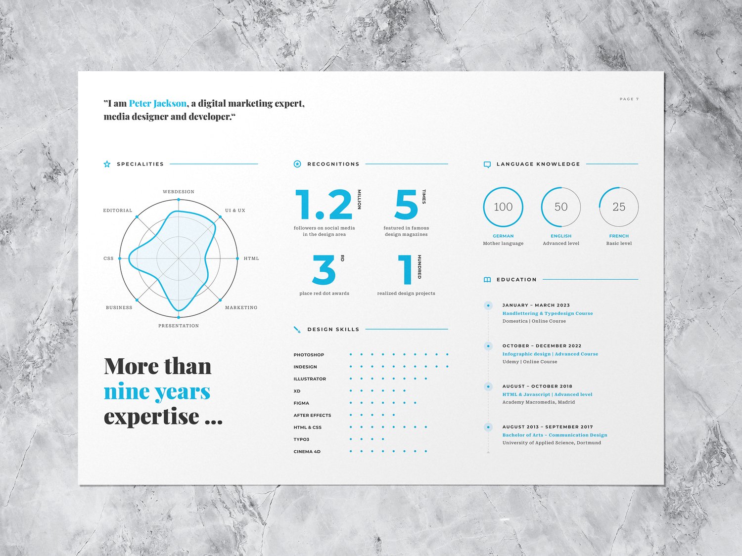 Mockup of the infographic CV with skills, recognitions, education - page 1 in light blue