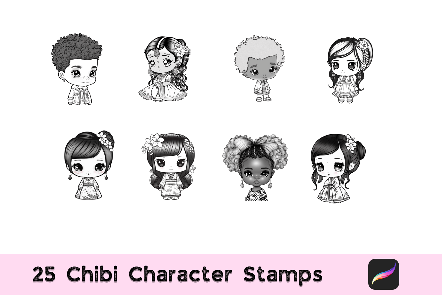 25 Chibi Procreate Character Stamps, Procreate Chibi Characters