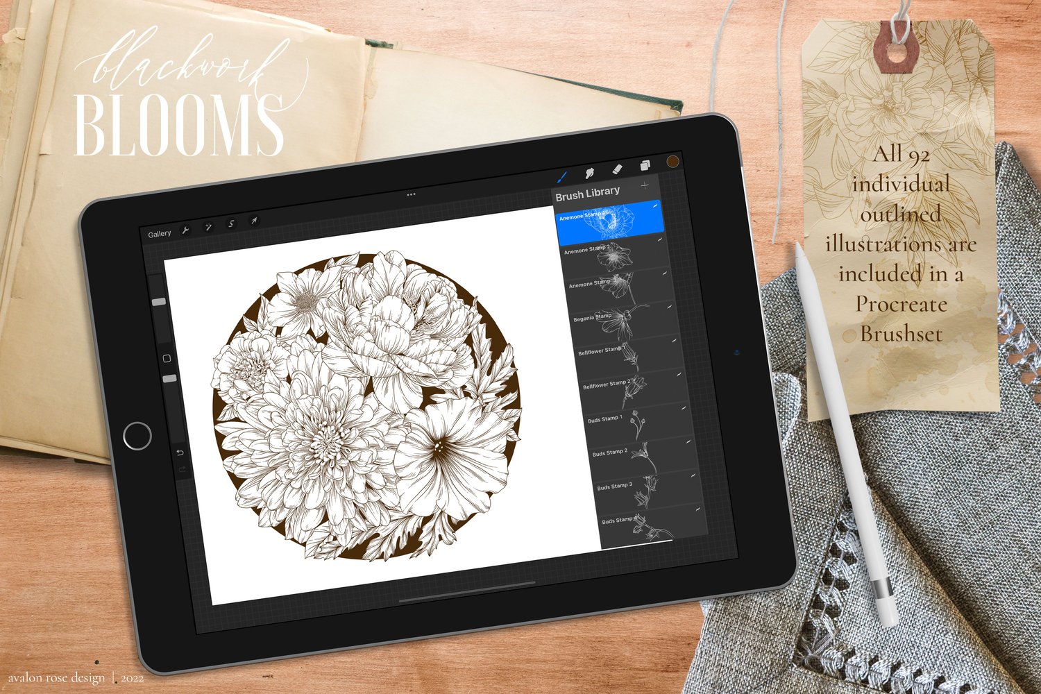 hand-illustrated floral graphics kit including Procreate brushes