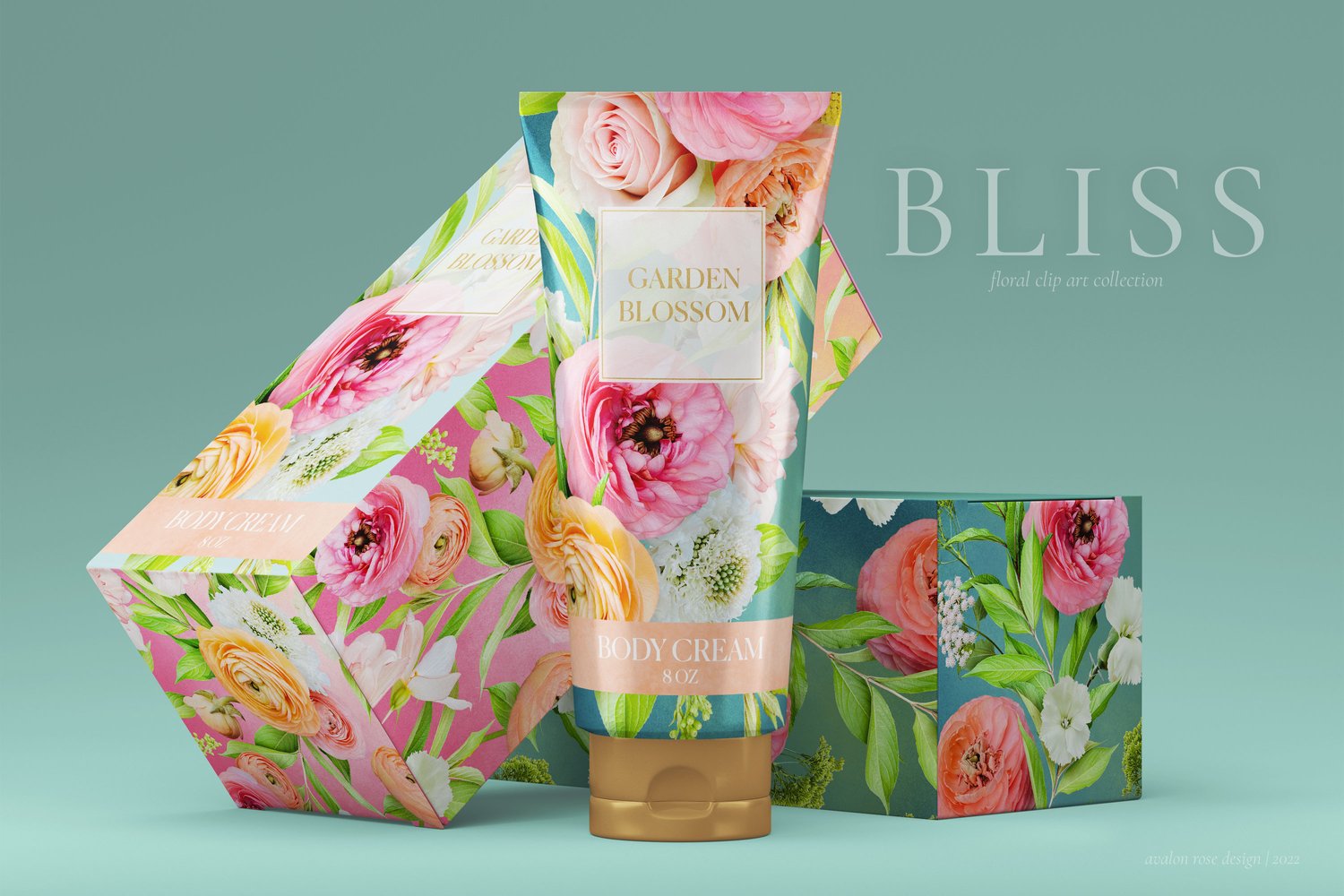Realistic roses, ranunculus, begonias, scabiosas, and eryngium flower graphics in peach, yellow, blue, and pink
