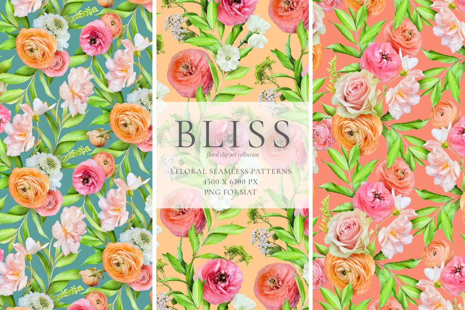 Realistic roses, ranunculus, begonias, scabiosas, and eryngium flower graphics in peach, yellow, blue, and pink