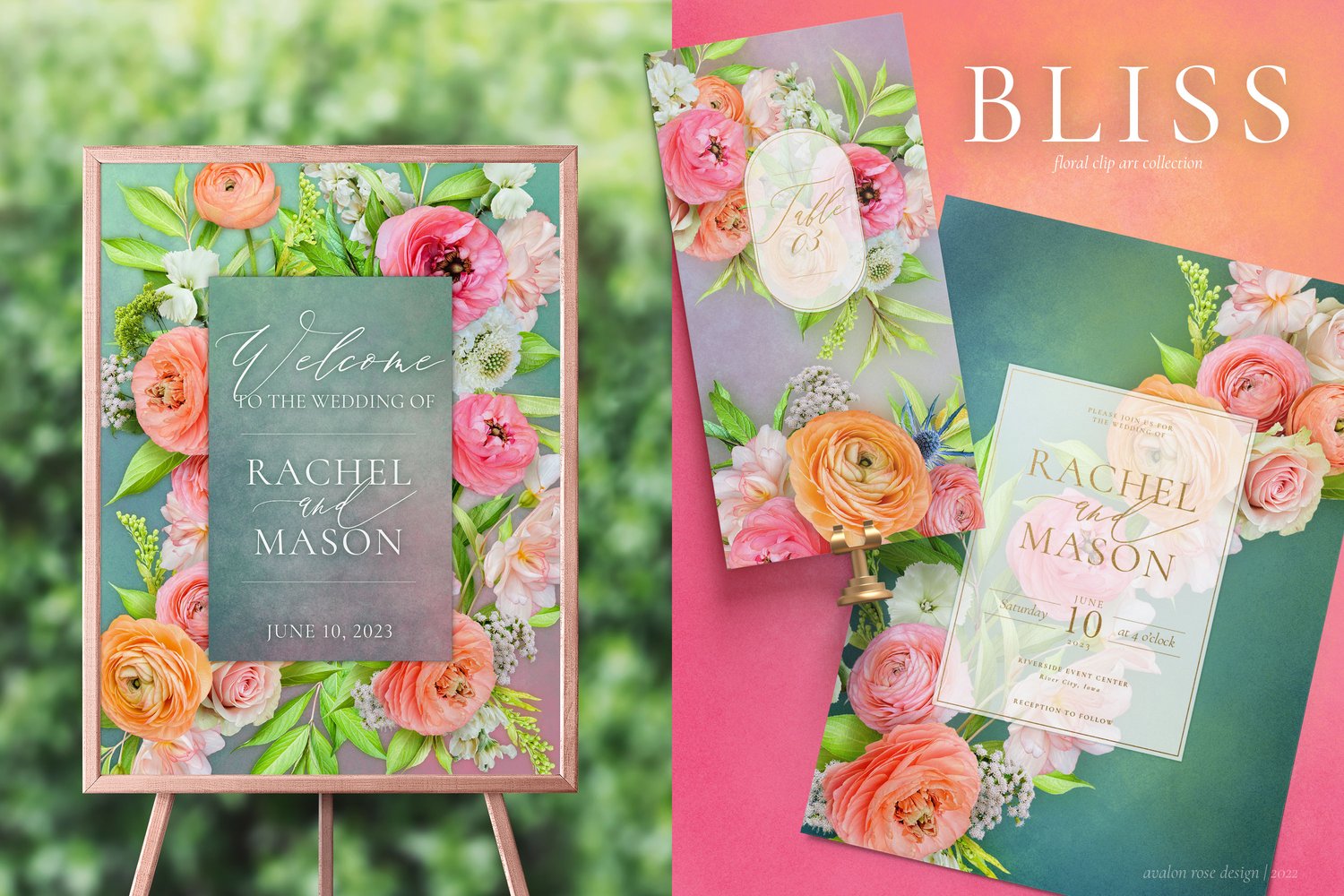 Realistic roses, ranunculus, begonias, scabiosas, and eryngium flower graphics in peach, yellow, blue, and pink