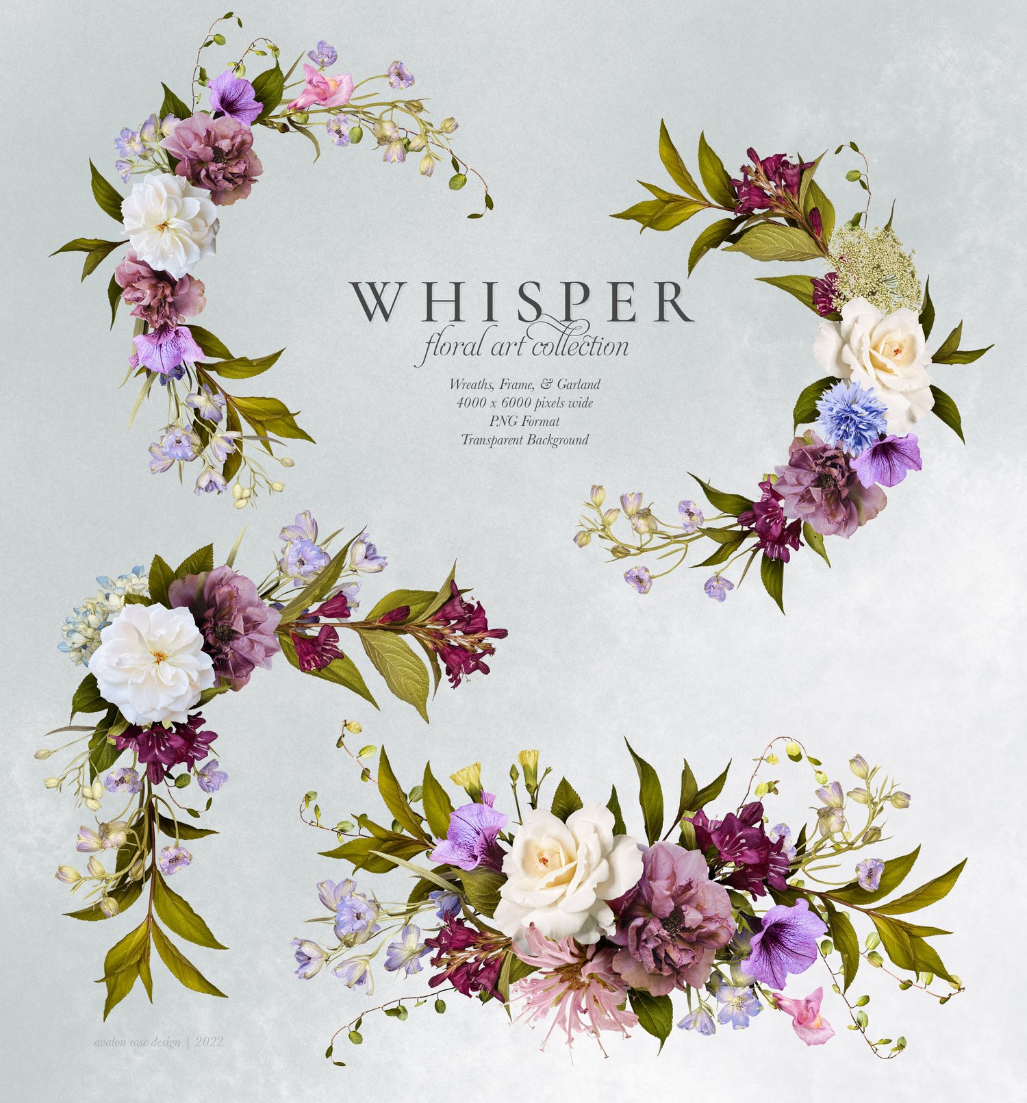 Realistic rose, petunia, weigela, Queen Anne's lace, cornflower, and hydrangea flower graphics in lavender, purple, yellow, pink, and white