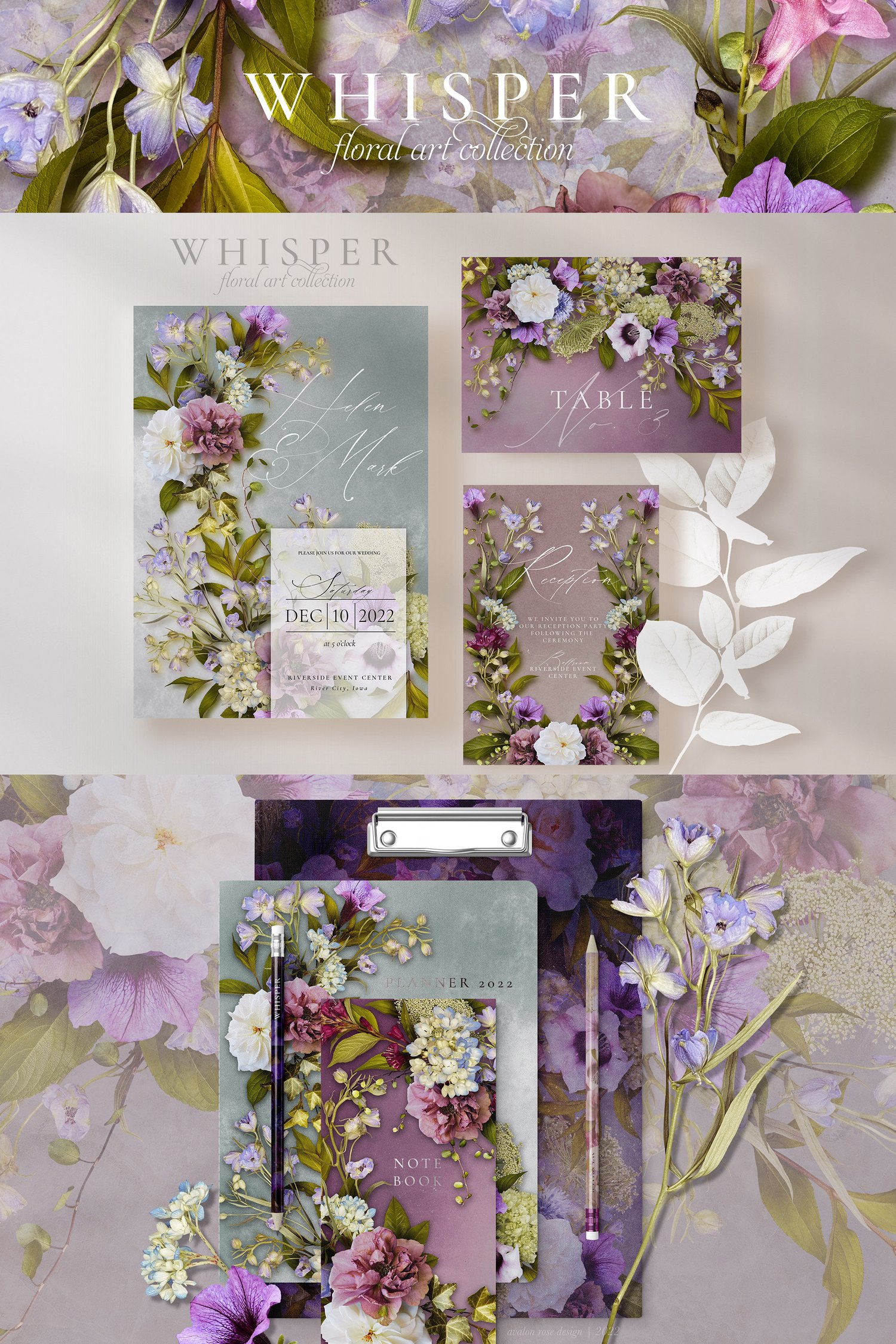 Realistic rose, petunia, weigela, Queen Anne's lace, cornflower, and hydrangea flower graphics in lavender, purple, yellow, pink, and white