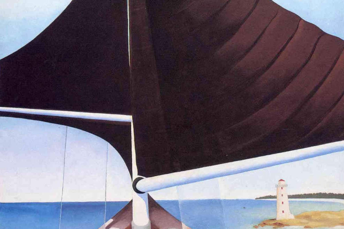 Artwork: Brown Sail, Wing on Wing, Nassau by Georgia O'Keeffe depicts an up close view of a sailboat mast with its mainsail out to the right and its jib open to the left.