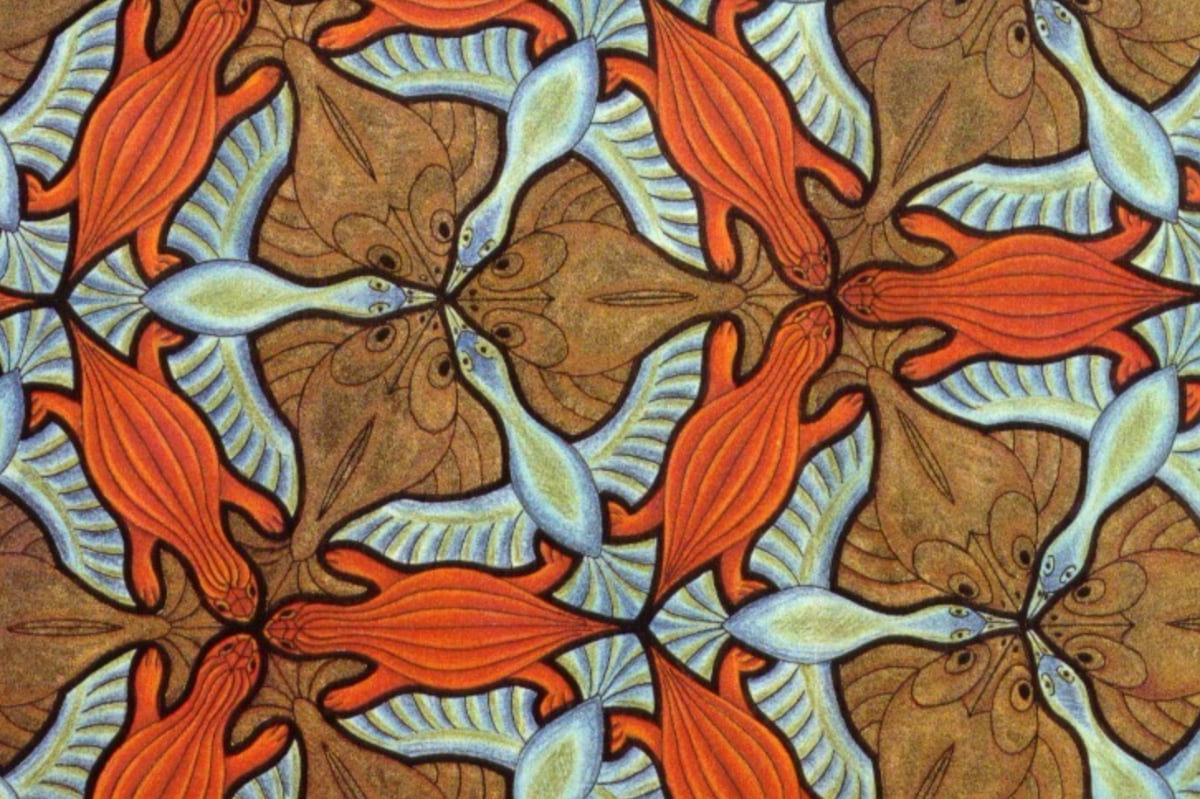 Artwork: Symmetry Drawing by M.C. Escher is a kaleidoscope of olive green fish, orange turtles, and blue birds.