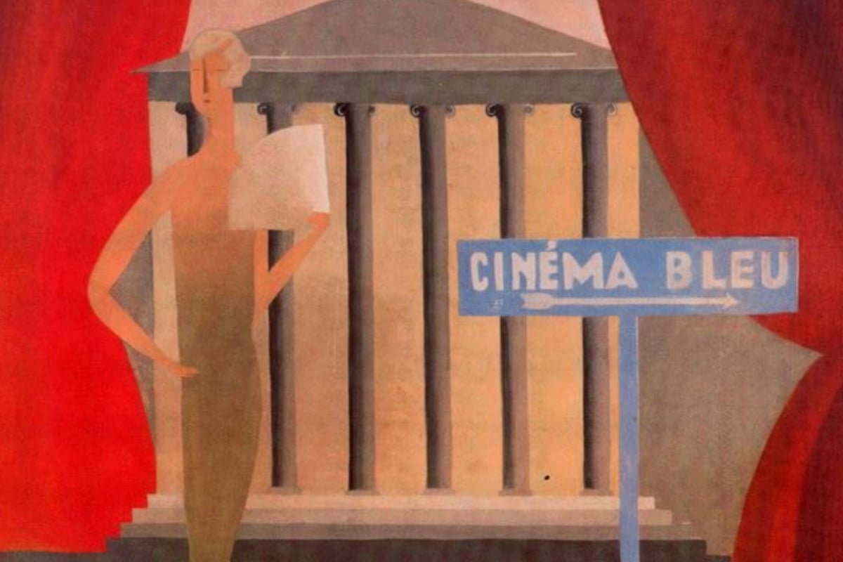 Artwork: Blue cinema by Rene Magritte shows a woman in an evening gown standing in front of palace pillars with red curtains framing the scene. There is a sign to the right of her that says, Cinema Bleu.