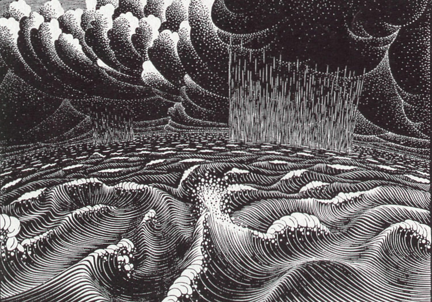 Artwork: The 2nd Day of Creation by M.C. Escher is a black and white line drawing depicting a turbulant sea with rain and storm clouds above.