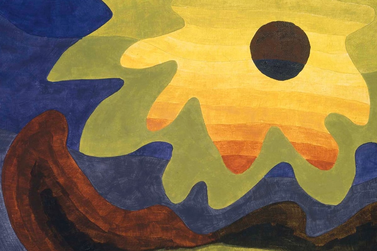 Artwork: Sun by Arthur Dove is an abstract image where the sun, which resembles a sunflower, dominates the image.