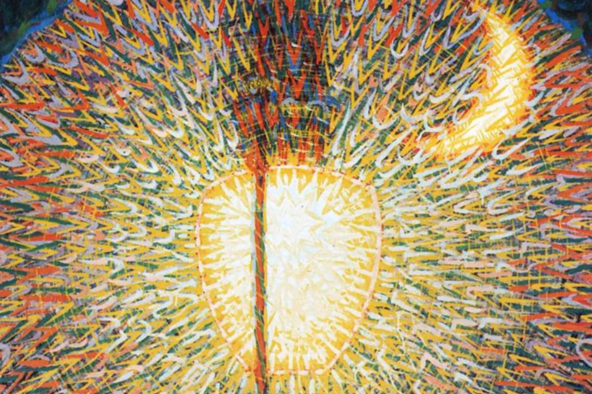Artwork: Street Light (Lampada ad arco) by Giacomo Balla is a futurism painting depicting the bulb of a street lamp giving off flecks of light in all colors.