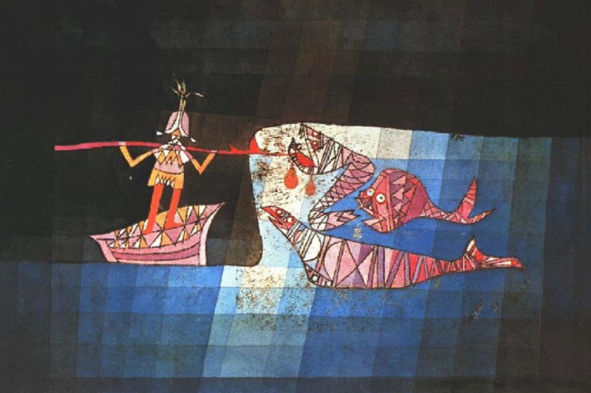 Battle scene from the comic fantastic opera 'The Seafarer' by Paul Klee is a surrealist image of a spear fisherman and three giant fish monsters.