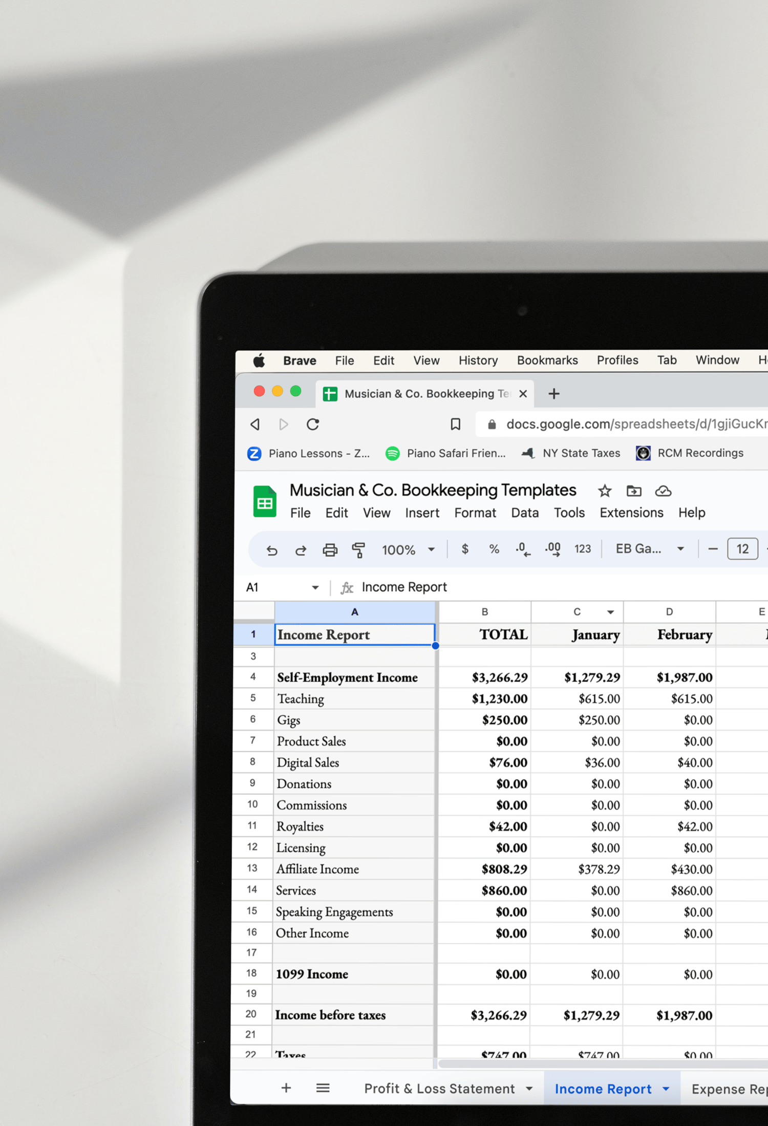 An iPad with Income Report from Bookkeeping Templates for Self-Employed Musicians on the screen