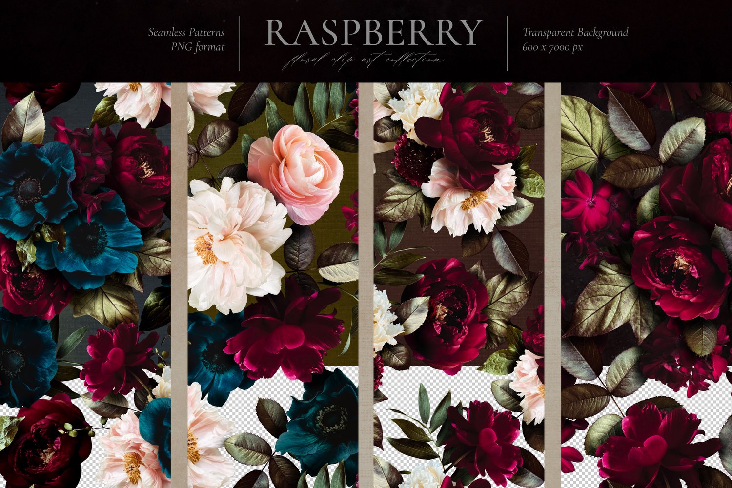 Realistic peony, rose, anemone, and geranium flower graphics in burgundy, navy blue, pink, and white