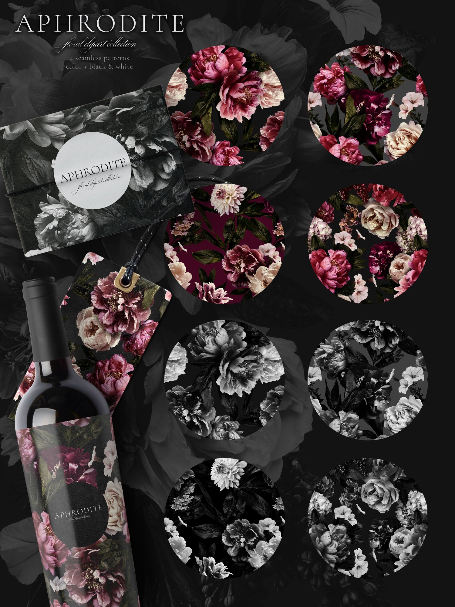 dark and moody set of peony, rose, petunia, and lilac flower graphics in dark pink