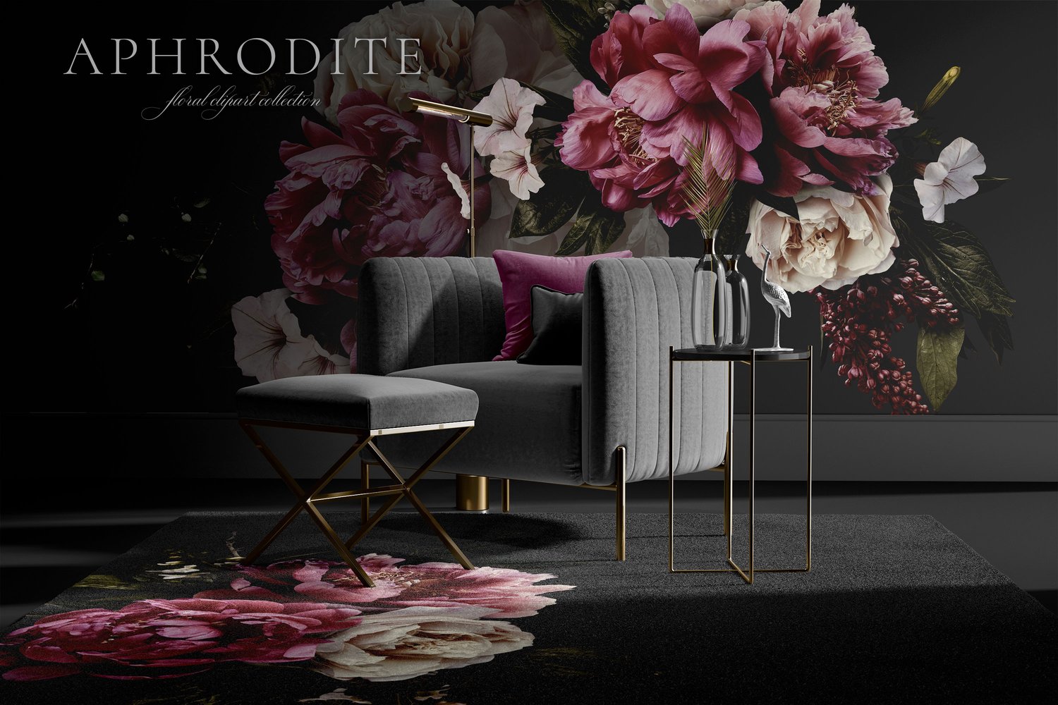 dark and moody set of peony, rose, petunia, and lilac flower graphics in dark pink