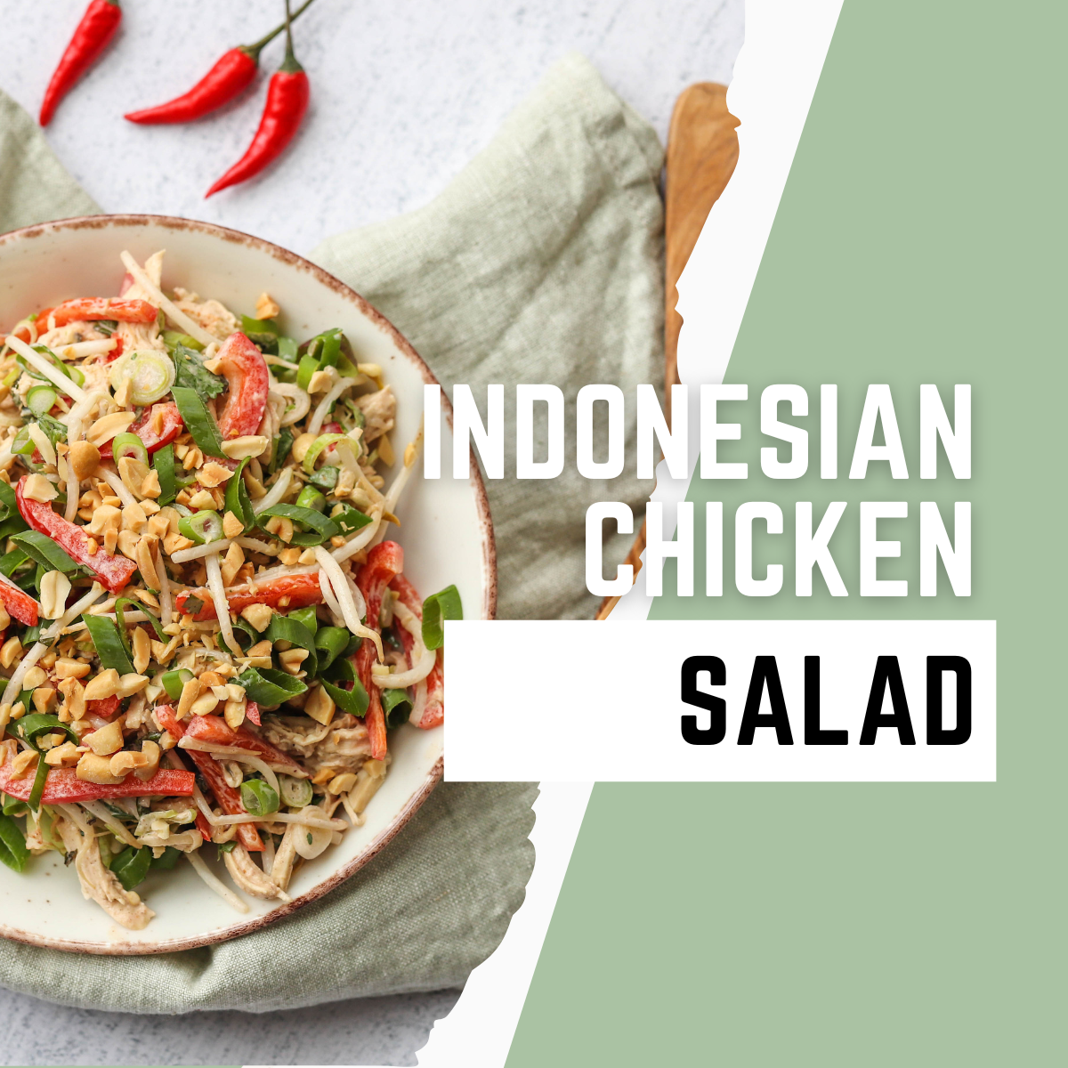 a beautifully arranged bowl of Indonesian Chicken Salad, with colourful strips of red bell pepper, fresh mung bean sprouts, and fragrant herbs like cilantro and mint. The salad would be topped with chopped roasted peanuts and drizzled with the zesty dress