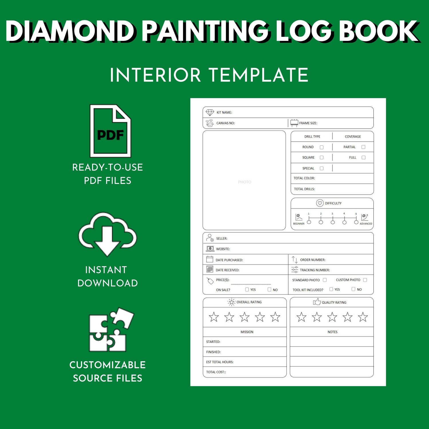 Diamond Painting Log Book  KDP Interior Template for Low