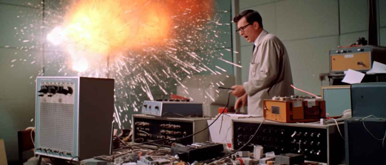 A scientis has unexpectedly caused an explosion with his audio equipment.