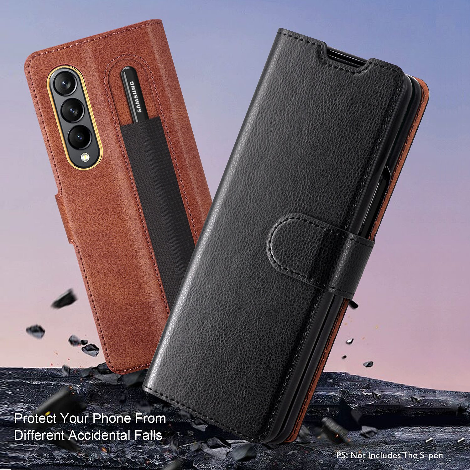 Premium Leather Business Phone Case for Samsung Galaxy Z Fold 4 Z Fold 3 with Pen Holder and Stand