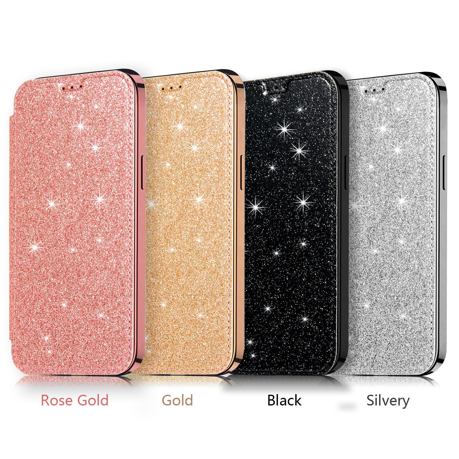 Apple iPhone 11121314 Pro Max Ring Mobile Phone Case With Card Leather Case Flash Glitter Design