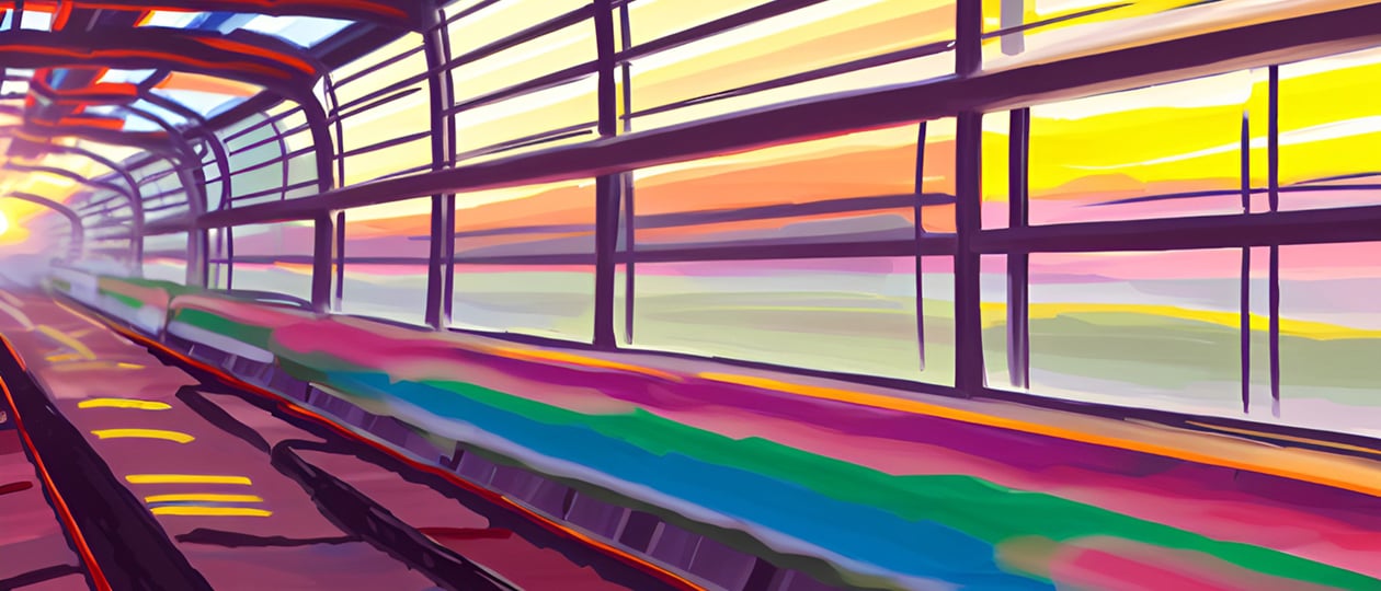 impressionistic train station at sunrise