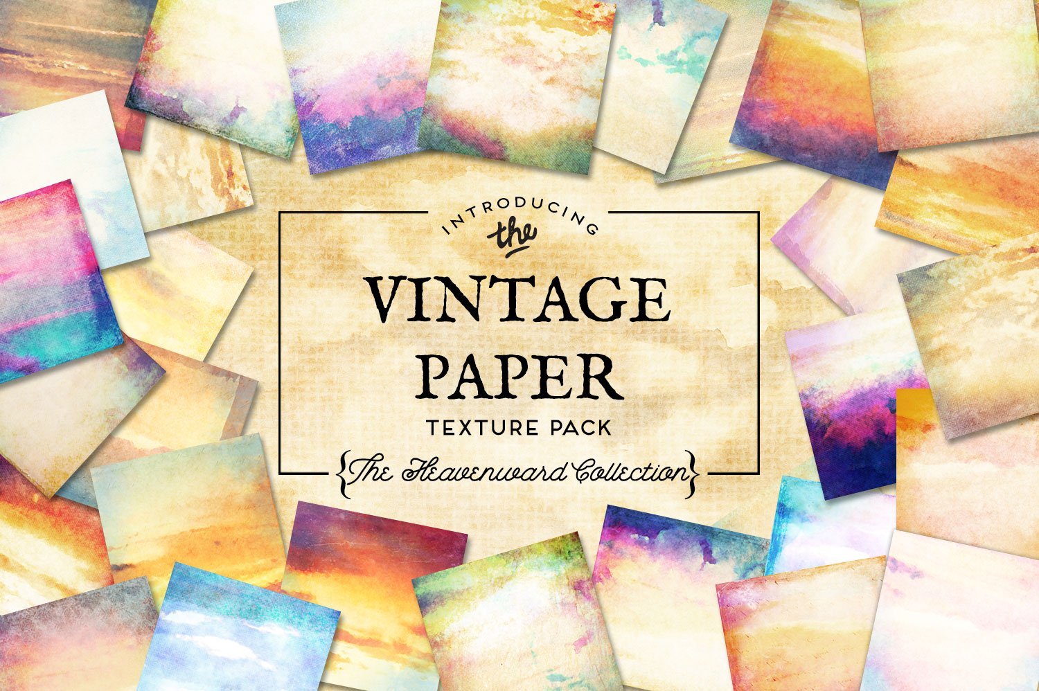 vintage digital papers of all sorts layered together over digital paintings of clouds, sky, sunsets and sunrises