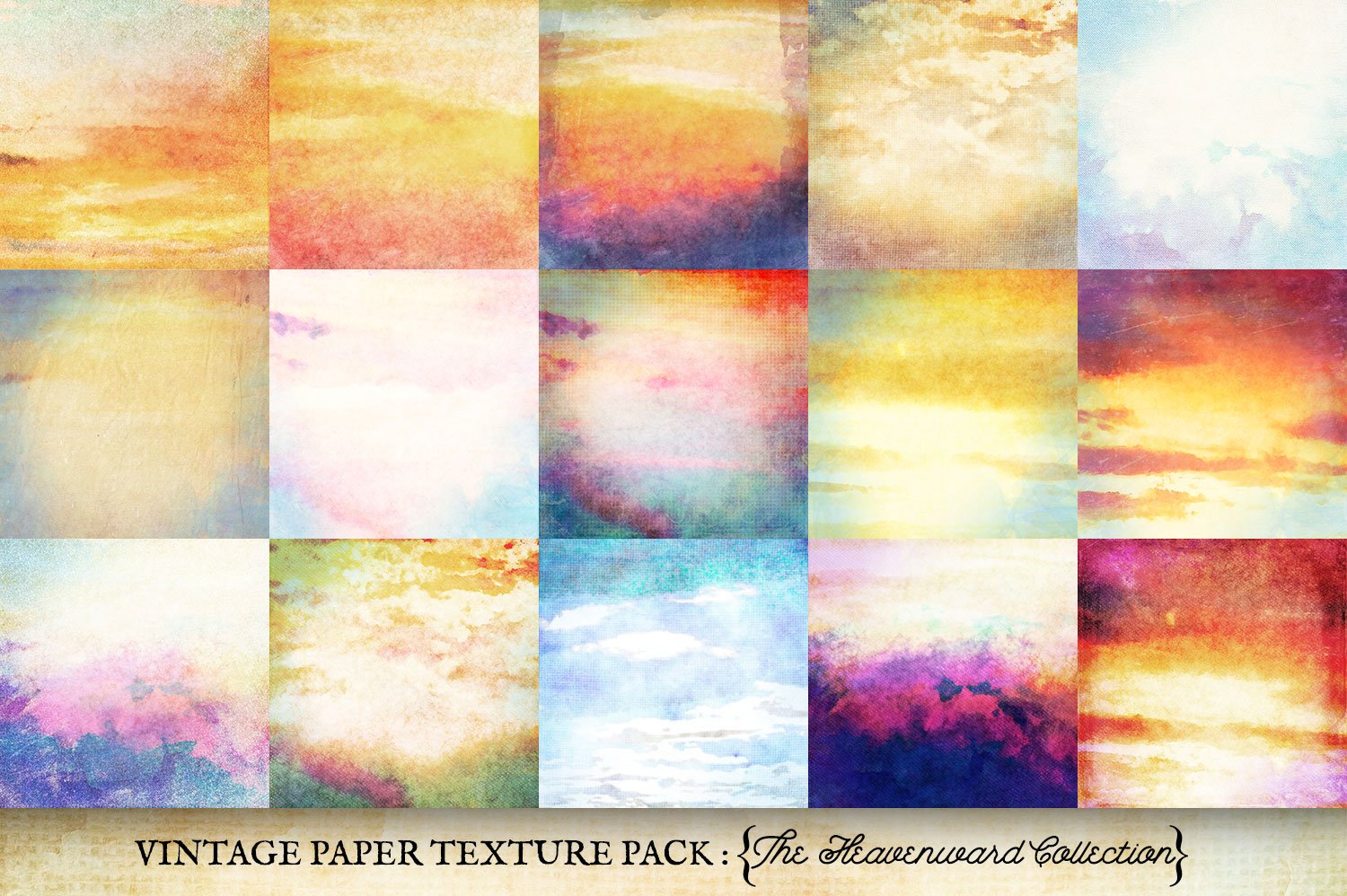 vintage digital papers of all sorts layered together over digital paintings of clouds, sky, sunsets and sunrises