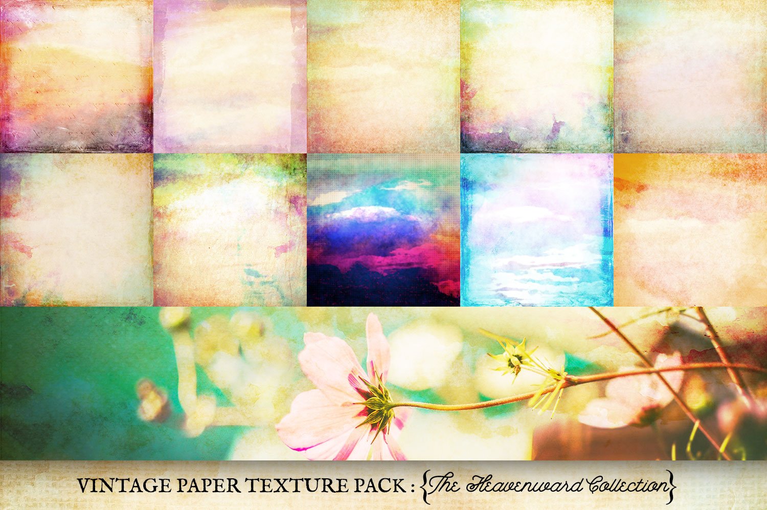 vintage digital papers of all sorts layered together over digital paintings of clouds, sky, sunsets and sunrises
