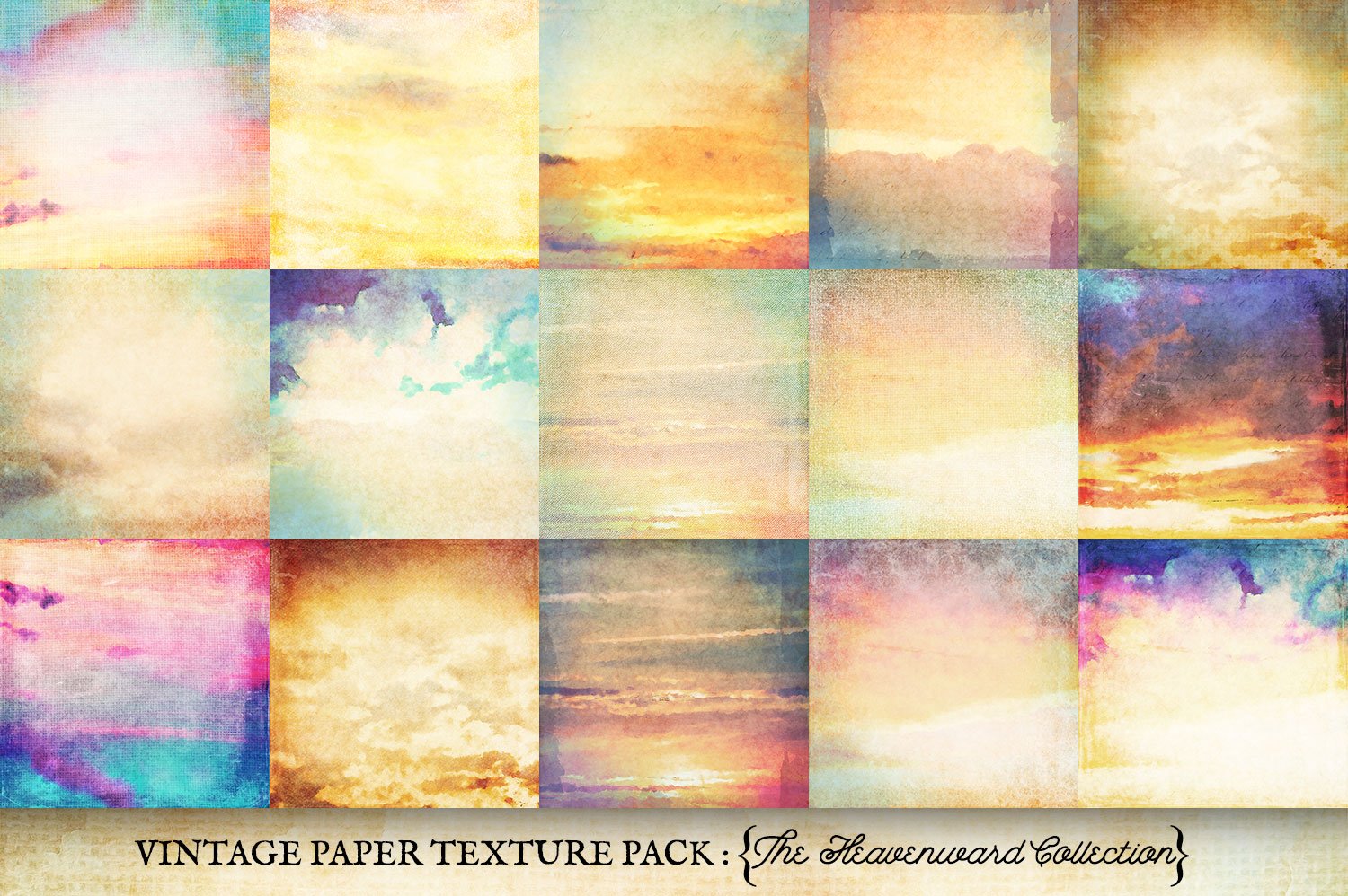 vintage digital papers of all sorts layered together over digital paintings of clouds, sky, sunsets and sunrises