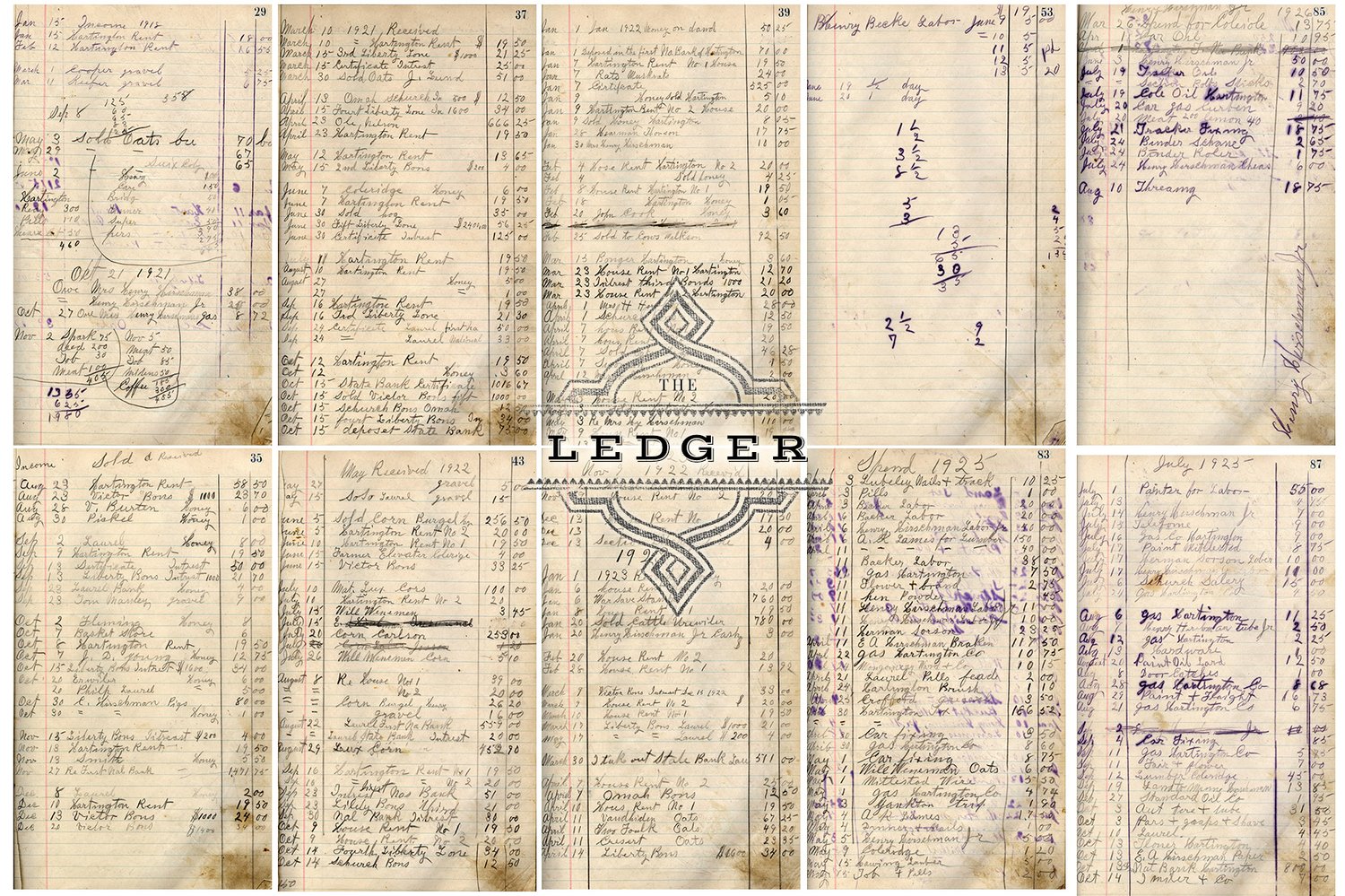 Digital ledger papers and overlay graphics.